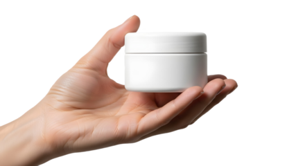 Hand Gently Holding Plain White Skincare Jar for Beauty Product Mockup Minimalist Packaging or Clean Cosmetic Branding Design, png
