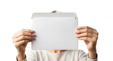 Person Holding Plain White paper Over Face Representing Mystery Reveal Product Launch or Brand Identity Concealment for Marketing, png