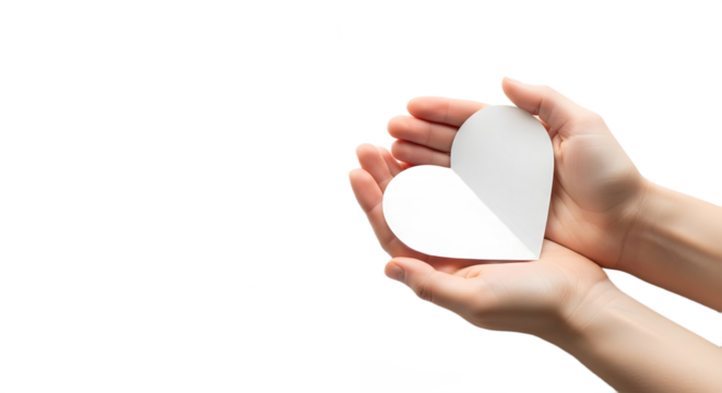 Hands Gently Holding White Heart-Shaped Paper Representing Love Care Appreciation or Romantic Gesture for Valentine’s Day or Charity, png