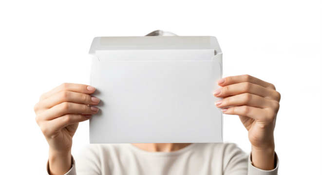 Person Holding Plain White paper Over Face Representing Mystery Reveal Product Launch or Brand Identity Concealment for Marketing, png