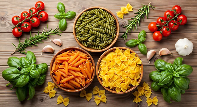 Overhead shot of colorful pasta varieties in wooden bowls, arranged with fresh basil, rosemary, garlic, and cherry tomatoes on a wooden surface. - Powered by Adobe