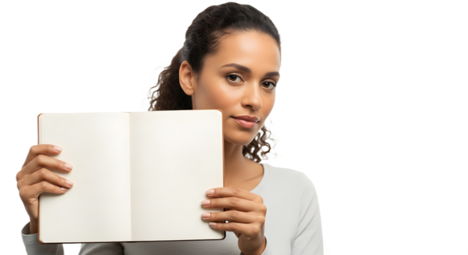 Woman Holding Open Blank Book Representing Knowledge Discovery Learning Journey or Personal Journal for Creative Expression, png