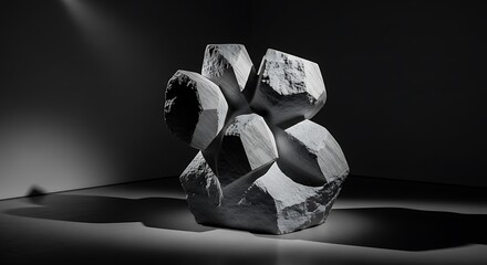 Abstract geometric sculpture with sharp edges in dramatic studio lighting