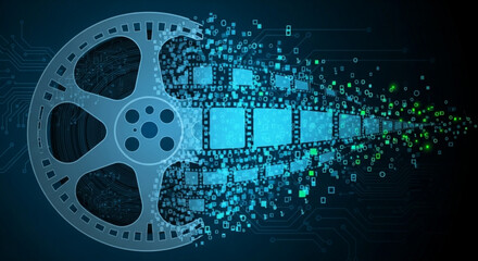 Film reel transforming into digital data stream, representing the transition from traditional media to digital media concept of technology, innovation, and progress