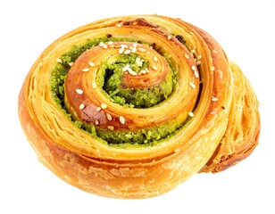Fototapeta premium Close-up of a pastry roll with a vibrant green filling and sesame seeds, showcasing intricate layers of dough