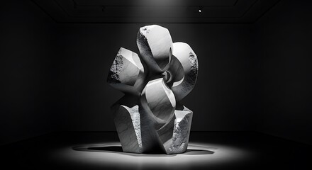 Abstract marble sculpture with dramatic spotlight in a dark gallery