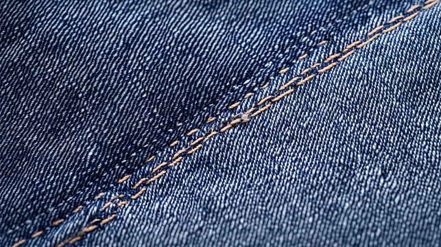 A close-up view of blue denim fabric. The diagonal weave creates a rich texture, accentuated by the parallel running stitch seams, creating visual texture & depth in the material.