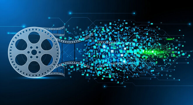 Film reel transforming into digital data stream, representing the transition from traditional media to digital media concept of technology, innovation, and progress