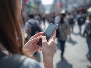 人が多い街中でスマートフォンを眺める若い女性の手元（右向き）
