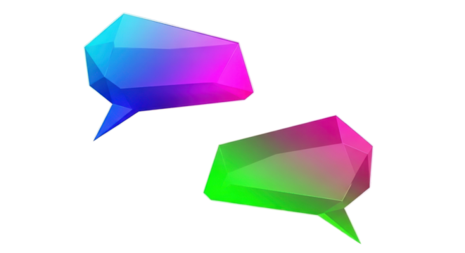Abstract 3D geometric speech bubbles with vibrant gradient colors for digital communication and technology design isolated PNG with Transparent Background