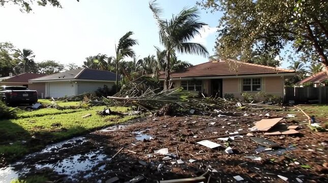 Aftermath of Nature's Fury: A residential area bears the brunt of a powerful hurricane, showcasing the destructive force of nature with damaged houses, debris-strewn lawns.