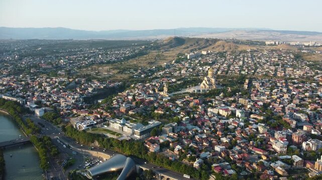 A drone view of the city. Georgia, Tbilisi, Palace of State Ceremonies, Holy Trinity Cathedral.
