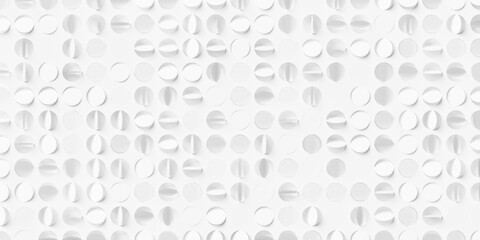 Randomly rotated white round circle flaps on white background wallpaper banner flat lay from above