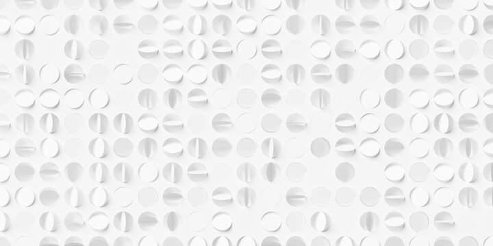 Randomly rotated white round circle flaps on white background wallpaper banner flat lay from above