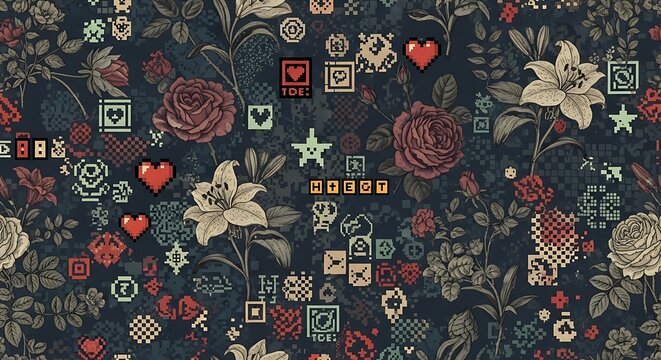 Floral Pixel Art - A Digital Garden of Roses, Lilies, and Hearts.