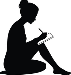 Woman silhouette writing with pen notebook silhouette white background