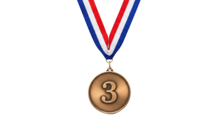 Realistic bronze medal for third place award achievement with red white blue patriotic ribbon isolated PNG with Transparent Background
