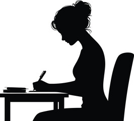 Silhouette of woman writing at desk silhouette white background