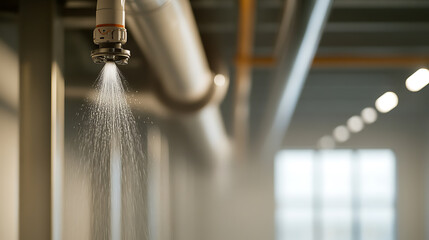An automated sprinkler system, captured indoors, demonstrating its water dispersion mechanism with a focus on safety & fire prevention in modern industrial settings.