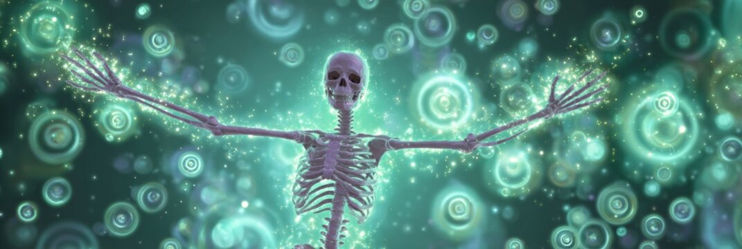 A skeleton stands with arms wide open, surrounded by vibrant, glowing circles and sparkles, creating a fantastical and enchanting scene.