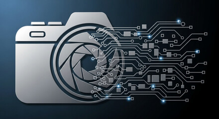Digital camera icon with futuristic circuit board design, representing technology, innovation, and modern photography