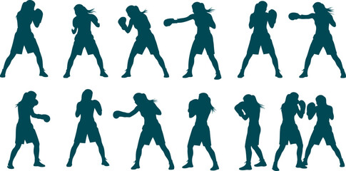 Dynamic silhouette of a boxer: Silhouette of a female boxer is shown performing her boxing routine, demonstrating the strength and power of the sport. The image captures the essence of strength.