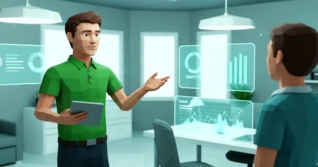 Businessmen in a modern office discussing data on holographic displays - Powered by Adobe