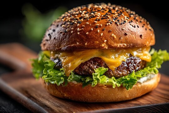 Delicious sesame seed burger oozing with melted cheese and fresh lettuce on a rustic wooden board, perfect for restaurant menus and food blogs