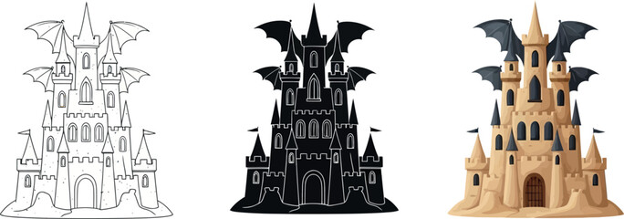 Set of spooky castle illustrations with bat wings in outline silhouette and color for Halloween designs