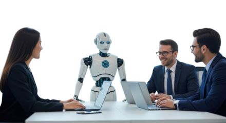 Artificial intelligence robot collaborating with corporate business people in a modern office meeting isolated PNG with Transparent Background
