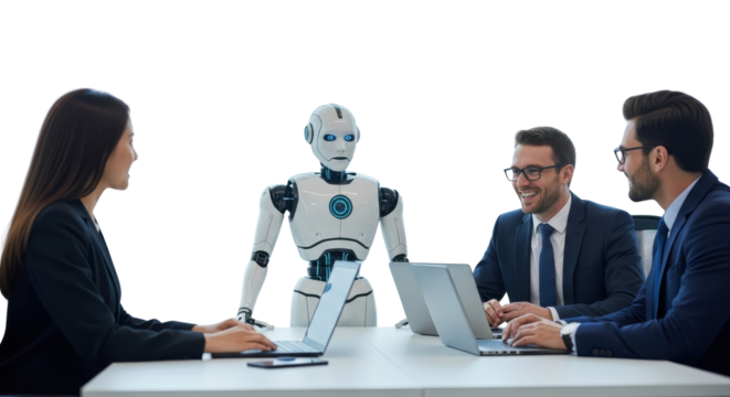 Artificial intelligence robot collaborating with corporate business people in a modern office meeting isolated PNG with Transparent Background