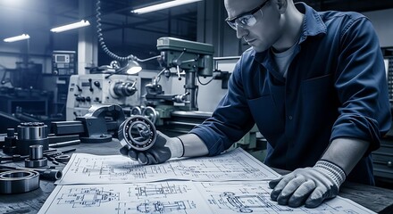 Engineer inspecting ball bearing in workshop with blueprints and equipment