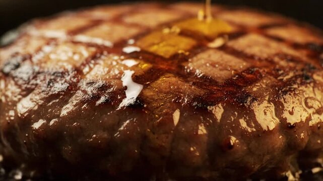 Closeup of a grilled burger patty with grill marks and dripping