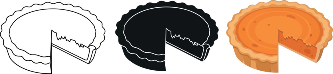 Pumpkin pie vector illustration icon set in outline silhouette and color perfect for Thanksgiving designs