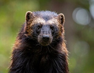 Obraz premium Close-up of a wolverine with wet fur, looking directly at the camera. The background is a soft, blurred green with highlights