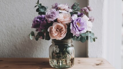 Pastel flowers in a glass jar sit on a wooden surface.