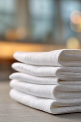 Stack of crisp white towels on a light table