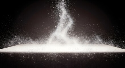Whimsical cloud of white powder swirling upwards in dramatic lighting against a dark background.