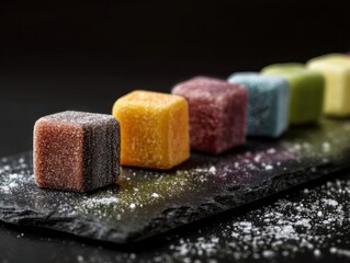Assorted Gourmet Sugar Coated Candy Cubes Sweet Treat Delights Culinary Still Life Multicolored Fruit Jelly Squares on Slate Board Delicious Confections