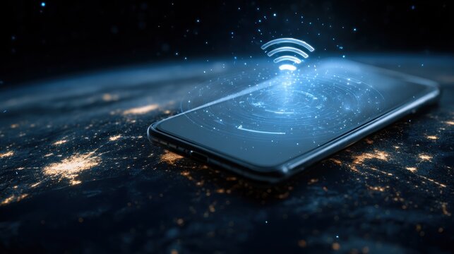 Smartphone emitting wifi signal over a glowing, illuminated cityscape from space - Powered by Adobe
