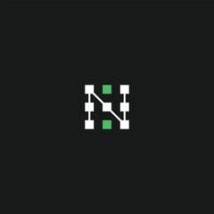 letter N logo design with geometric digital node connections and green accents.