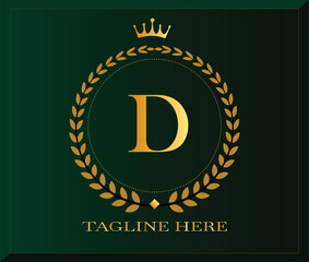 Vector art of elegant golden letter D logo with crown and laurel wreath on dark green background, luxury emblem