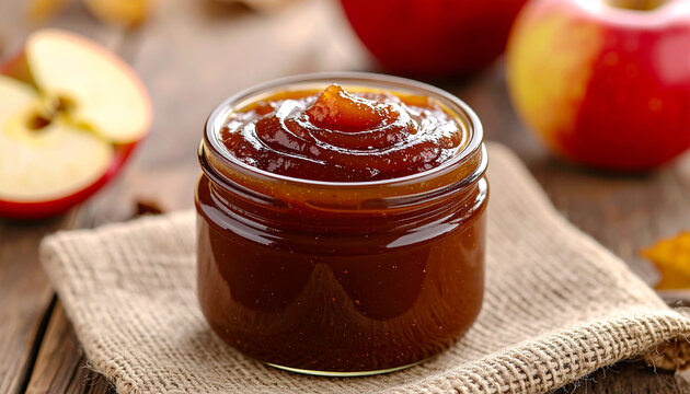 Small ceramic jar filled with smooth dark amber apple butter, sweet and spiced autumn spread.