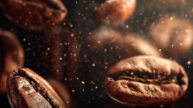 Macro shot of coffee beans with dynamic lighting and selective focus