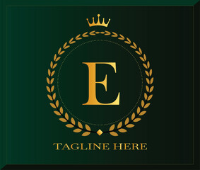 Fototapeta premium Vector art of elegant golden letter E logo with crown and laurel wreath on dark green background, suitable for luxury brands