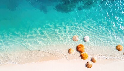 Obraz premium Aerial View of Scallop Shells on Turquoise Water and Sandy Beach