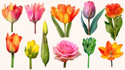 Colorful flowers including tulips and rose are displayed against a plain background.