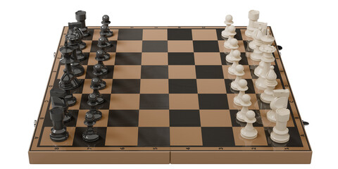 Chess pieces on the board in the starting position. Isolated. Transparent background. 3D Rendering.
