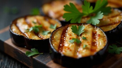 Video A wooden cutting board with sliced eggplant, perfect for appetizers or main courses