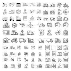 Set of logistics and delivery icons in linear style. Includes warehouse, truck, package, shipping, forklift, drone delivery, worker, and factory symbols. Perfect for logistics companies, transport ser